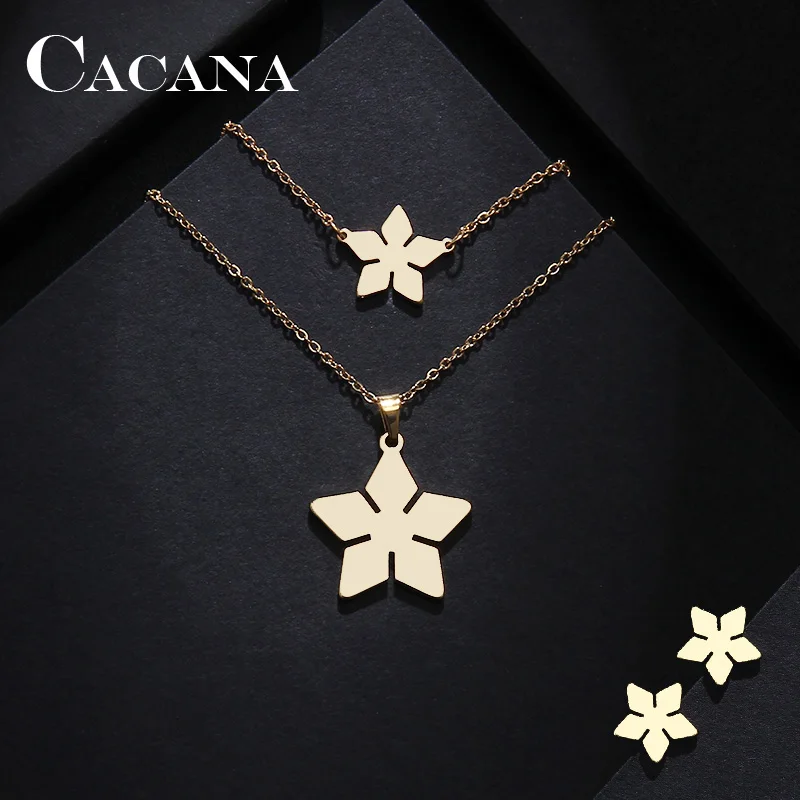 CACANA Stainless Steel Sets For Women Pentagon Flower Shape Necklace Bracelets Earrings For Women Lover's Engagement Jewelry 559