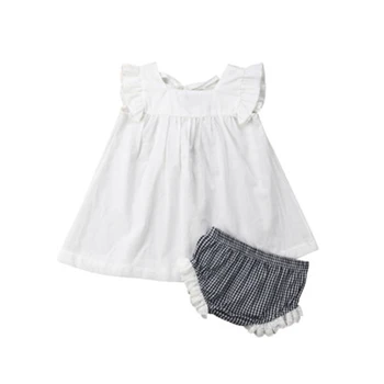 買取 2 個女の赤ちゃん服フリルトップスミニドレス + 毛布ppパンツセット新しい女の赤ちゃんフライスリーブトップ + チェック柄ショートパンツ