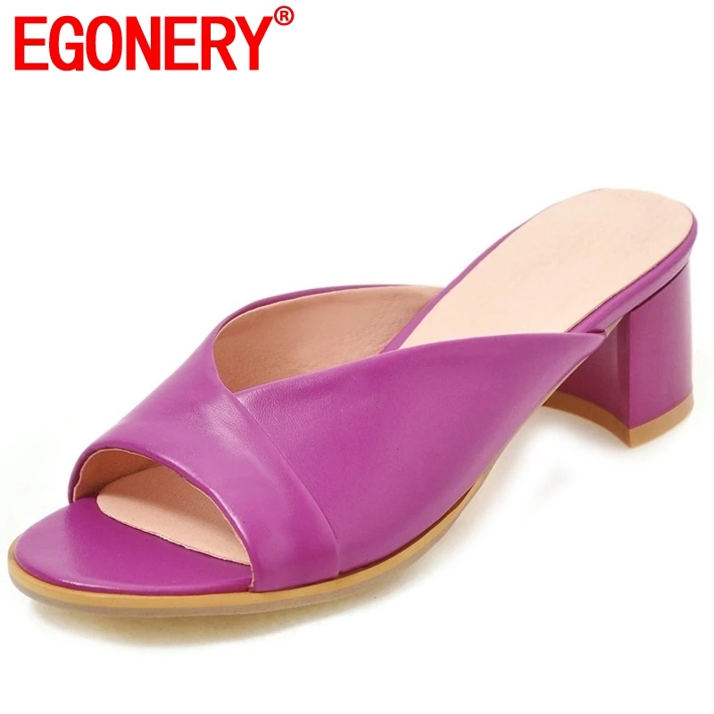 

EGONERY Brand mysterious purple woman slippers summer sexy non-slip Slides pu leather blue 4.5cm Med heels Shallow mules shoes