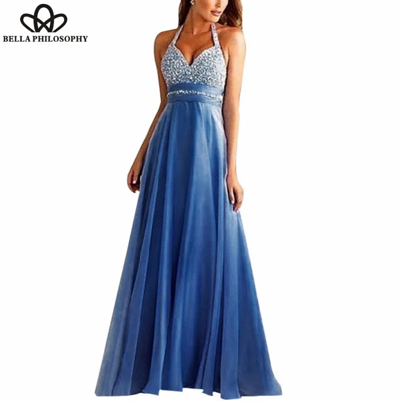 

Bella Philosophy Halter A Line Hot Sequins Deep V Backless Strapless Elegant silm Lace Evening Party Fashion Dresses 2019