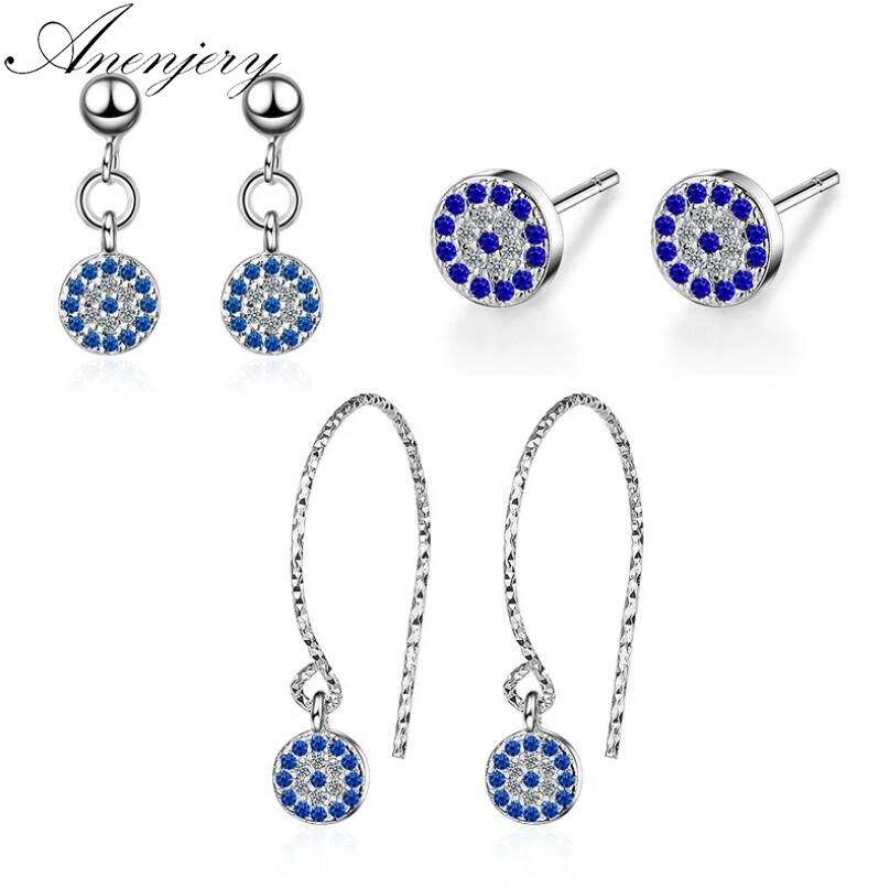 

Anenjery 3 Shape 925 Sterling Silver Earrings For Women Micro-inlaid Blue Clear CZ Zircon Round Earrings (no card) S-E571