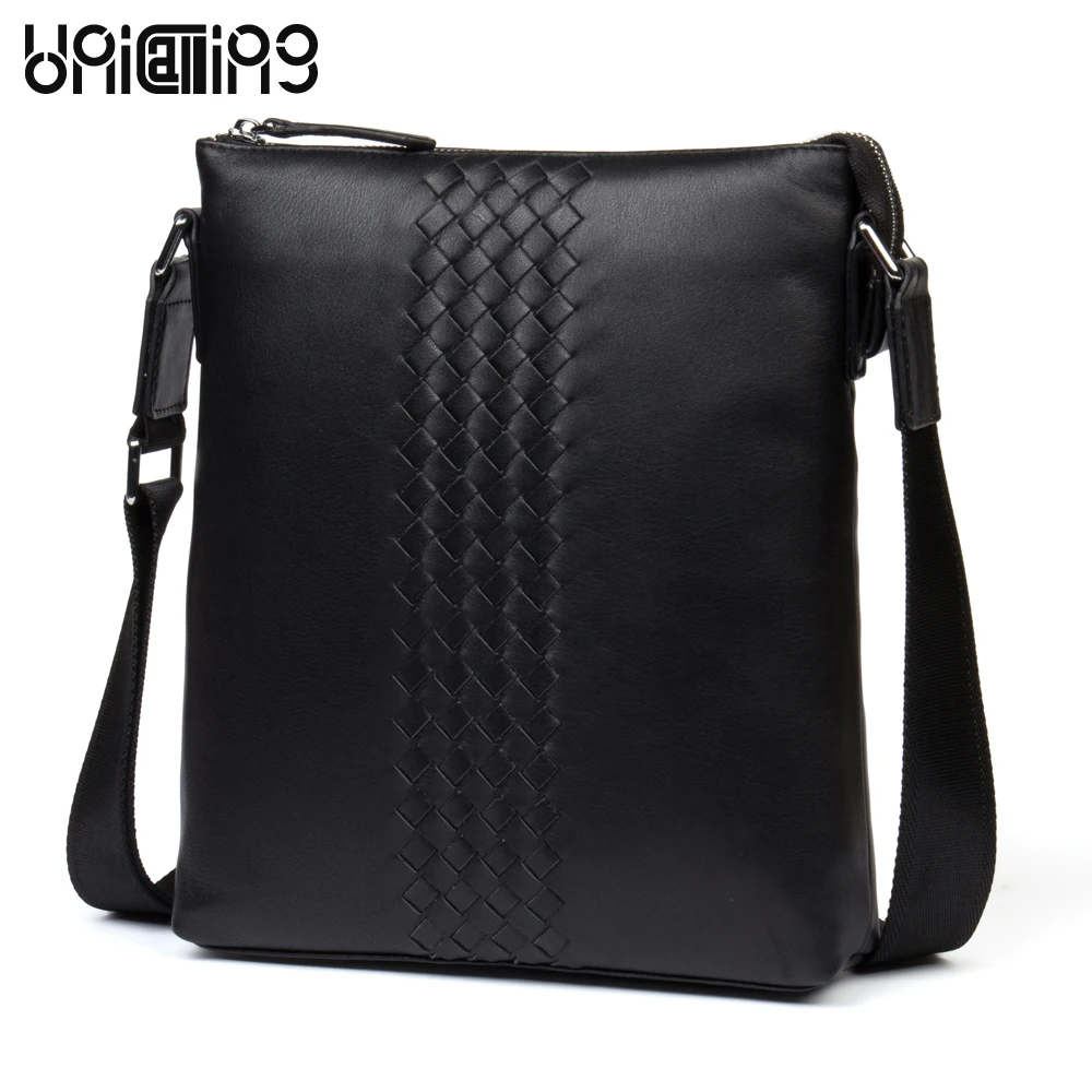 Messenger bag men leather UniCalling trendy knitting genuine leather men bag fashion quality leather men shoulder bag tablet bag