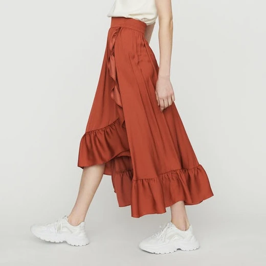 

2019 spring new elastic waist ruffles edge pure color women elegant long irrgular skirts