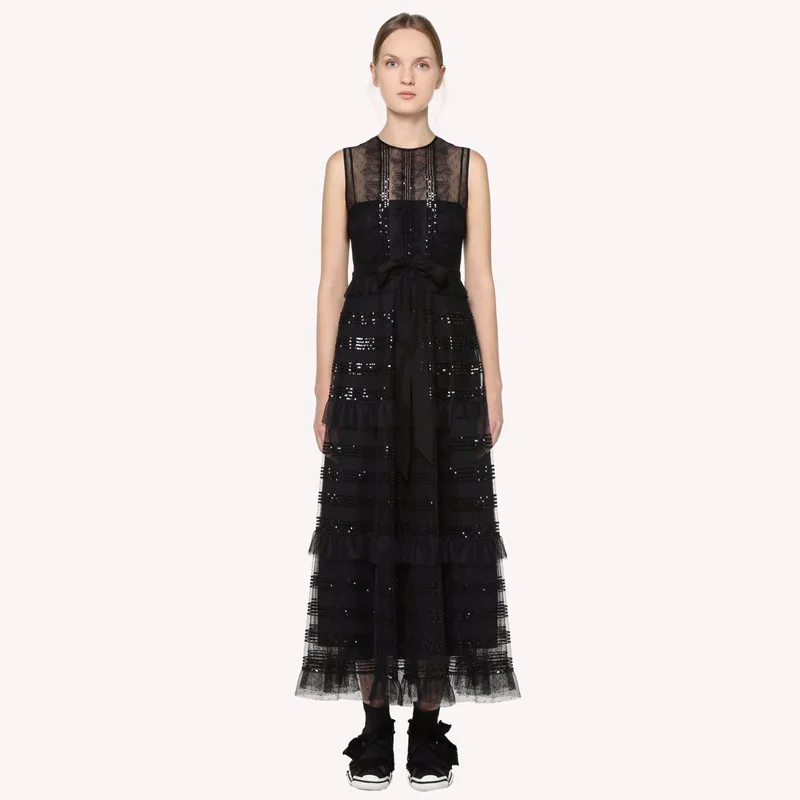

XF Black Sequins Long Dress Retro Sexy Mesh Stitching Party Summer Ladies Elegant Cake Style High Quality French Designer Dress