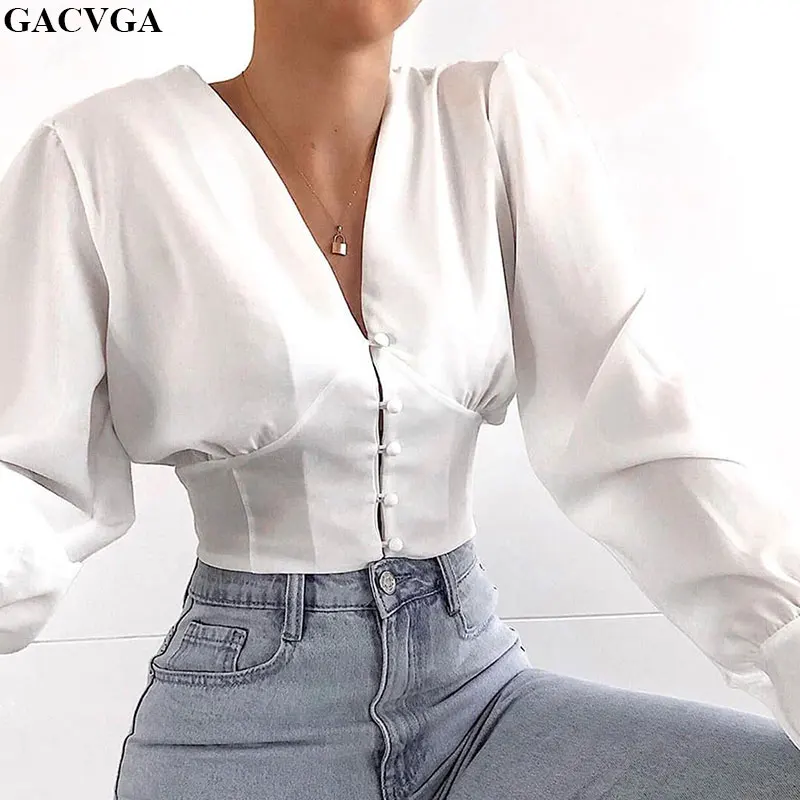 

GACVGA 2019 Harajuku V-Neck White Crop Top Long Sleeve T Shirt Button Women Clothes Summer Autumn Fashion tshirt Office Tops