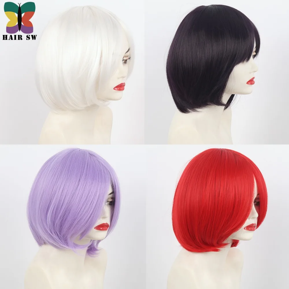 Волосы SW Короткие прямые женские синтетический парик Боб с длинной челкой для косплея или ежедневного использования оранжевый/красный/фиолетовый/белый