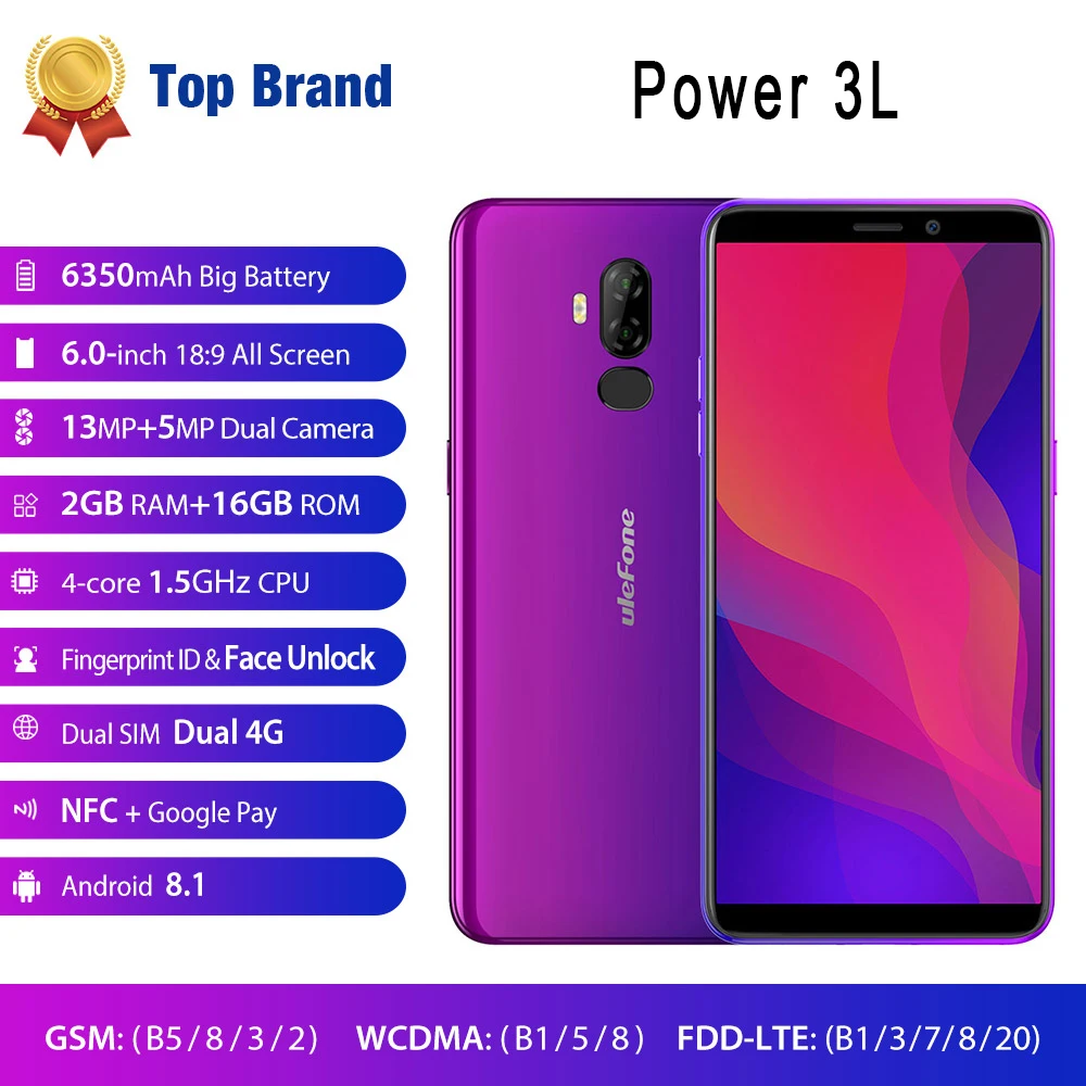 

Face ID 4G Smartphone 6.0" HD Android 8.1 Mobile Phone 6350mAh MTK6739 Quad Core 2GB+16GB NFC 13MP+5MP Camera Ulefone Power 3L