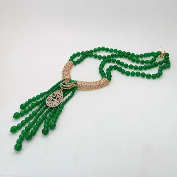 

New style 2strands green stone tassel necklace micro inlay zircon accessories clasp long 50-53cm fashion jewelry