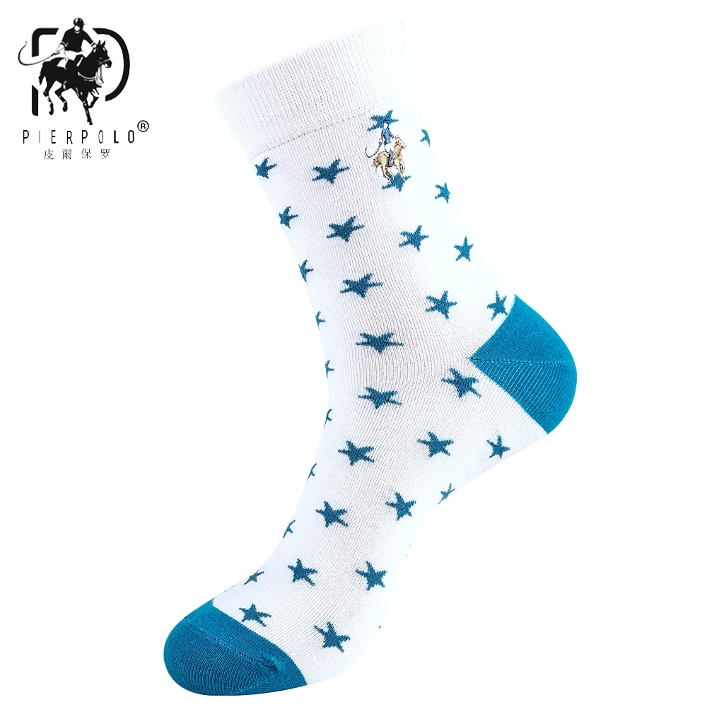 5 Pairs High Quality Brand PIER POLO Star Happy Socks Men Casual Cotton Crew Socks Fashion Embroidery Autumn Winter Men's Socks