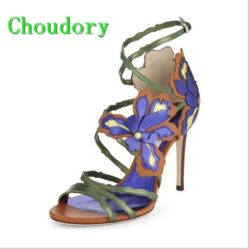 Choudory Embroider Sewing Sexy Mixed Colors New Fashion Thin Heel Women Super High Heel Sandals Cross-Tied Gladiator Shoes Women