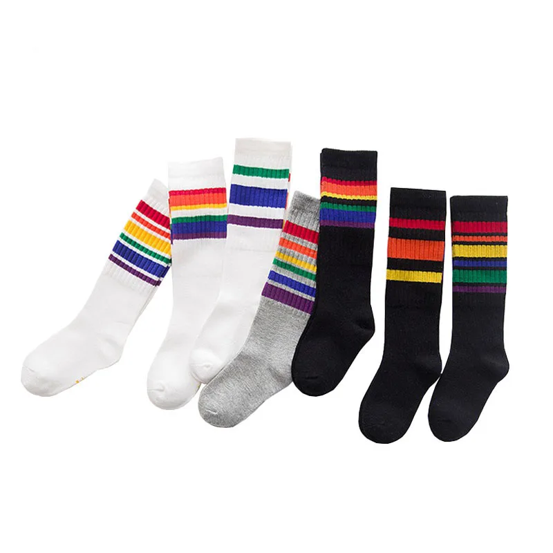 

Boys Girls Knee High Socks Cotton Rainbow Striped Cute Season Children Unisex Kids In Tube Socks For 1-10 Years