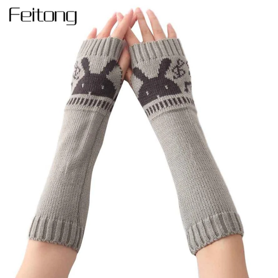 

Rabbit Pattern Gloves Women Winter Arm Sleeve Knitted Glove Lady Women Warm Fingerless Gloves Mitts Girls Mittens #Z