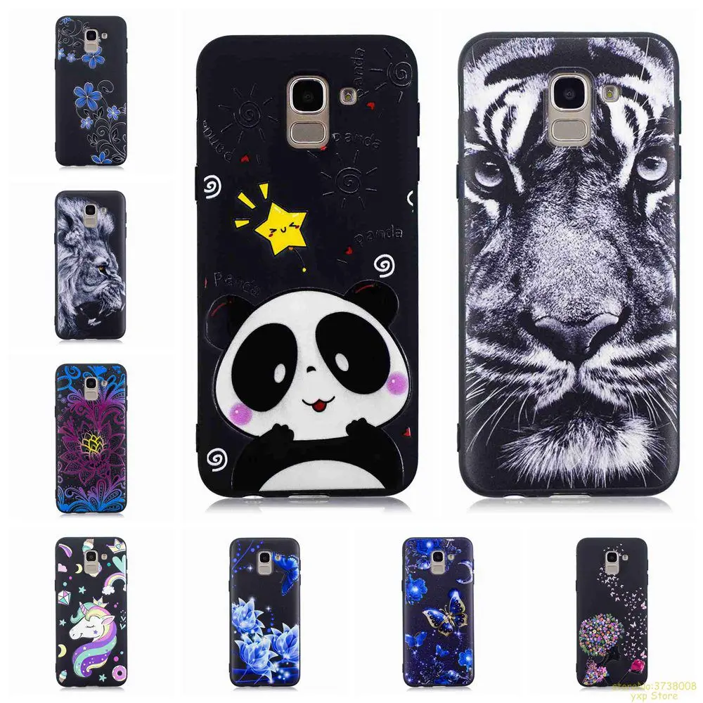 Чехол для телефона samsung J6 2018 Единорог Panda бабочка Лев девушка 3D рельеф черные ТПУ