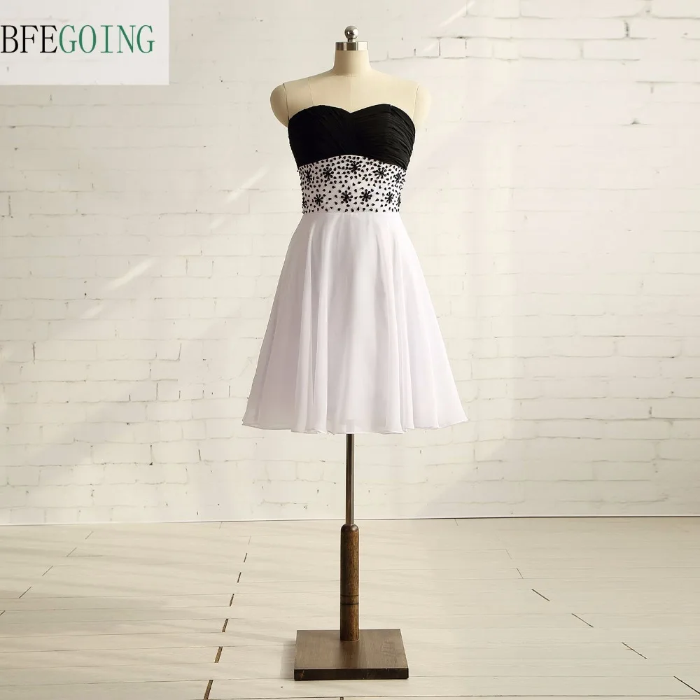 

Black and White Chiffon Knee-Length A-line Formal Party Cocktail Dress Sweetheart Beading Real/Original Photos Custom made