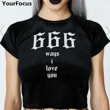 Harajuku винтажная ins Горячая бархатная черная 666 футболка с короткими рукавами и принтом букв короткий топ YQ-742