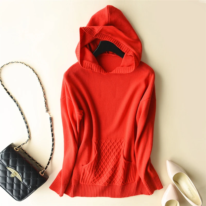 

2019 New Spring Hooded 100% Cashmere Sweater Women Loose Fashion Knitted Sweater Female Oversized Coat Ladies Jumper Tops