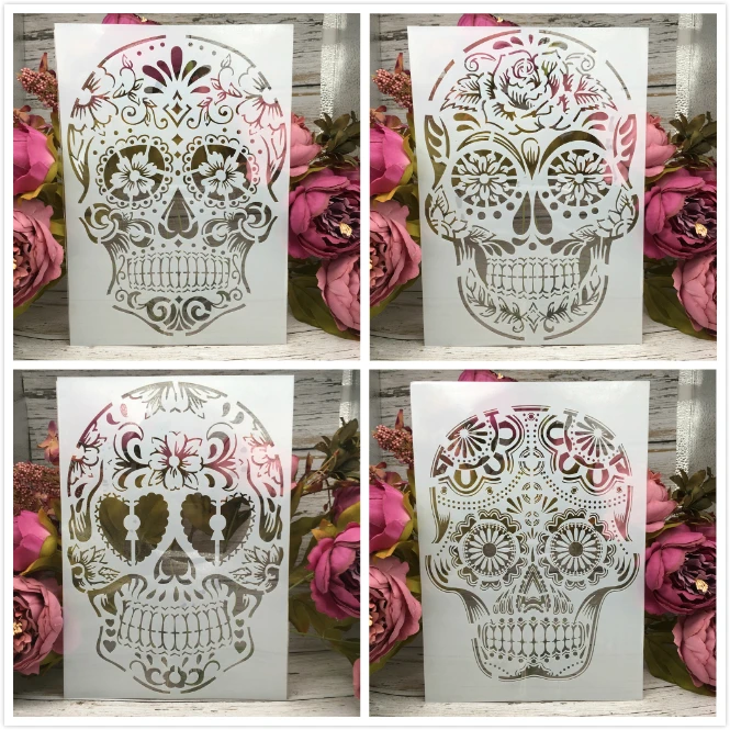 

4Pcs/Lot A4 Skull Skeleton Ghost DIY Layering Stencils Painting Scrapbook Coloring Embossing Album Decorative Card Template