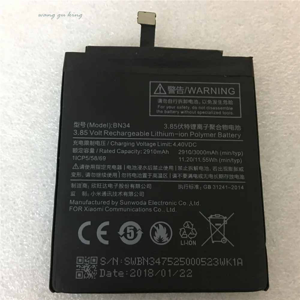 

100% Original Phone Battery BN34 For Xiaomi Redmi 5A 5.0" Replacement Battery Real 3000 mAh High Capacity Phone Batteries