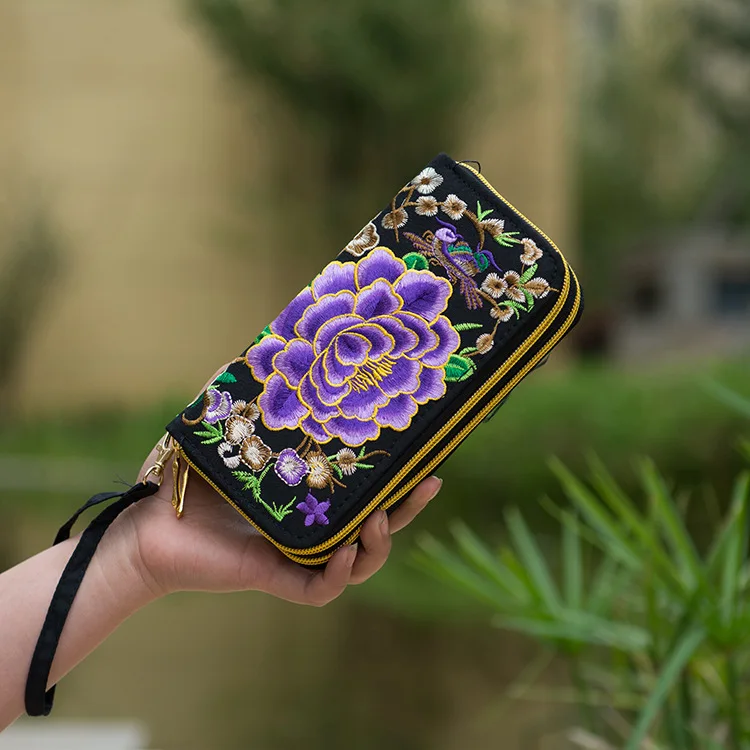 Ethnic Embroidered Women Wallets Brand Canvas Double Zipper Long Wallet Floral National Style Coin Purse Card Holder