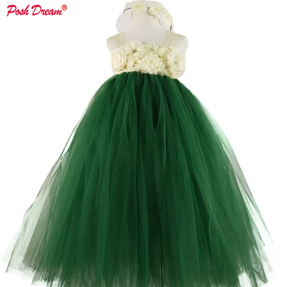 POSH DREAM Bohemian Teal Green Flower Girls Wedding For Party with Headband Kids Children clothing | Детская одежда и обувь