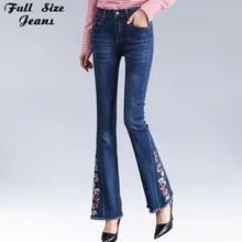 Расклешенные джинсы размера плюс с цветочной вышивкой 3Xl 4Xl 7Xl, женские облегающие брюки стрейч с расклешенным низом