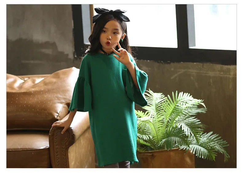 teenage girls long sleeve dresses with pockets autumn spring 2018 brown green long sweatshirts hoodies dress baby girl clothes (15)
