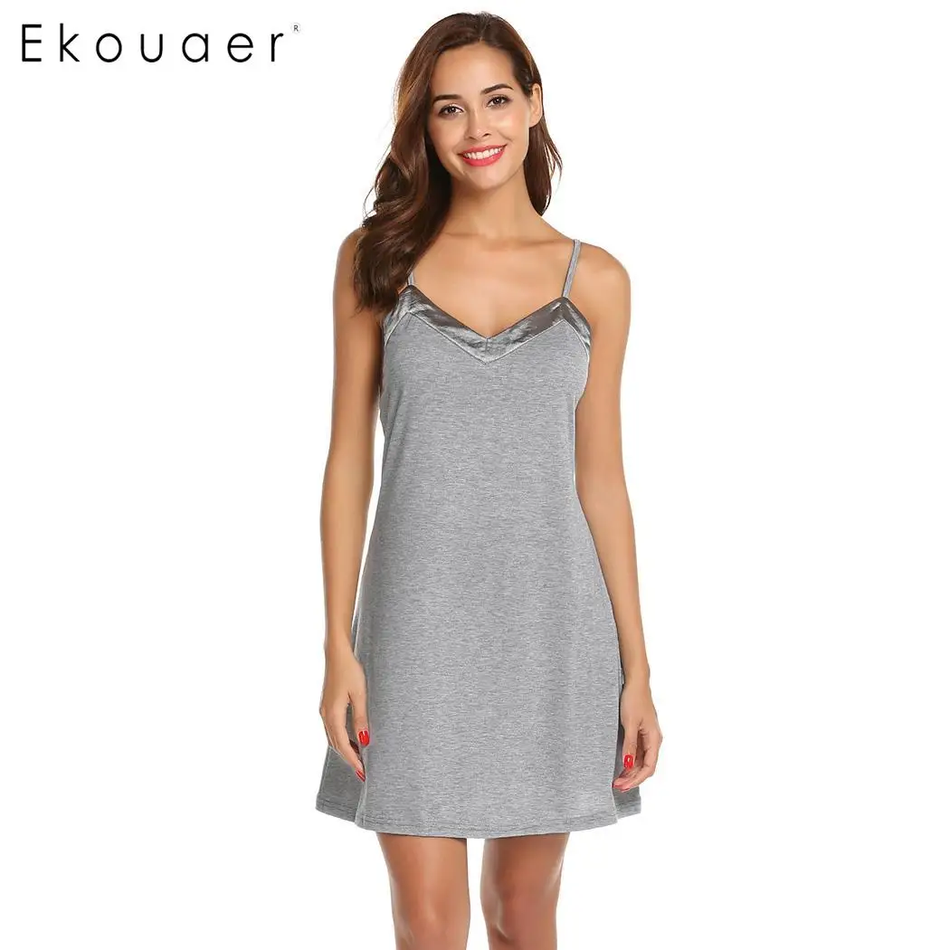 Ekouaer сексуальное женское белье платье пижамы мягкий v-образный вырез Спагетти ремень пятно отделка сорочка ночная рубашка Женщины Полный