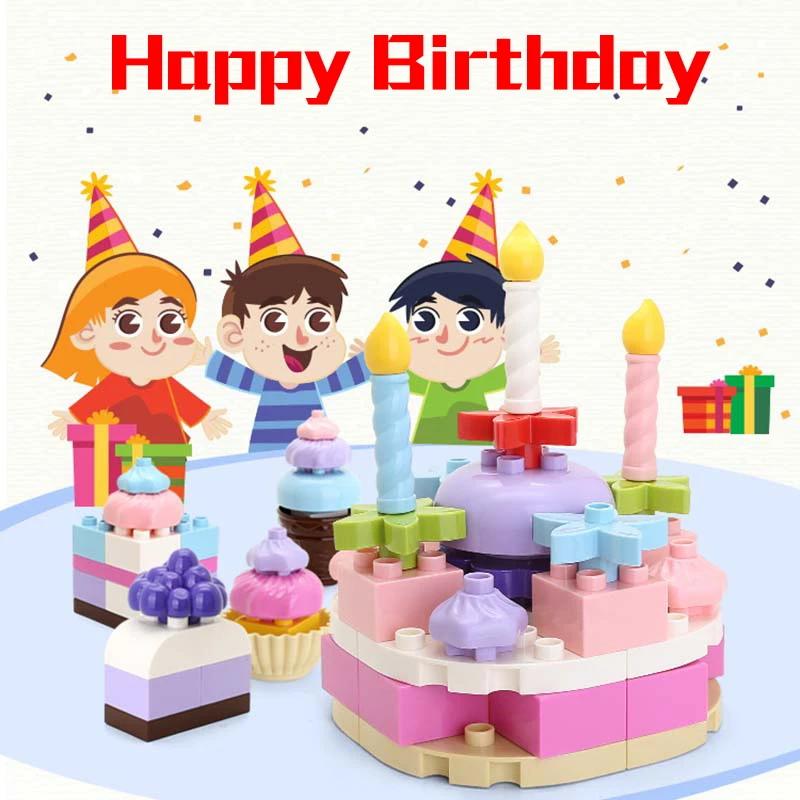 

77Pcs Duploe Bricks Happy Birthday Cake Model Set Building Blocks Compatible Legoings Friends Series Accessory Kids DIY Toys