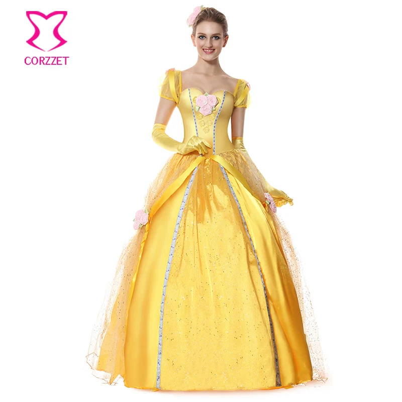 Belle The Beauty Dress Yellow Long Satin Ball Gown With Matching Headpiece