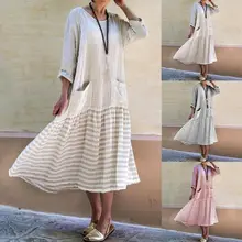 Женское Бохо Полосатое кафтан карманы хлопок лен Свободное длинное платье туника размера плюс