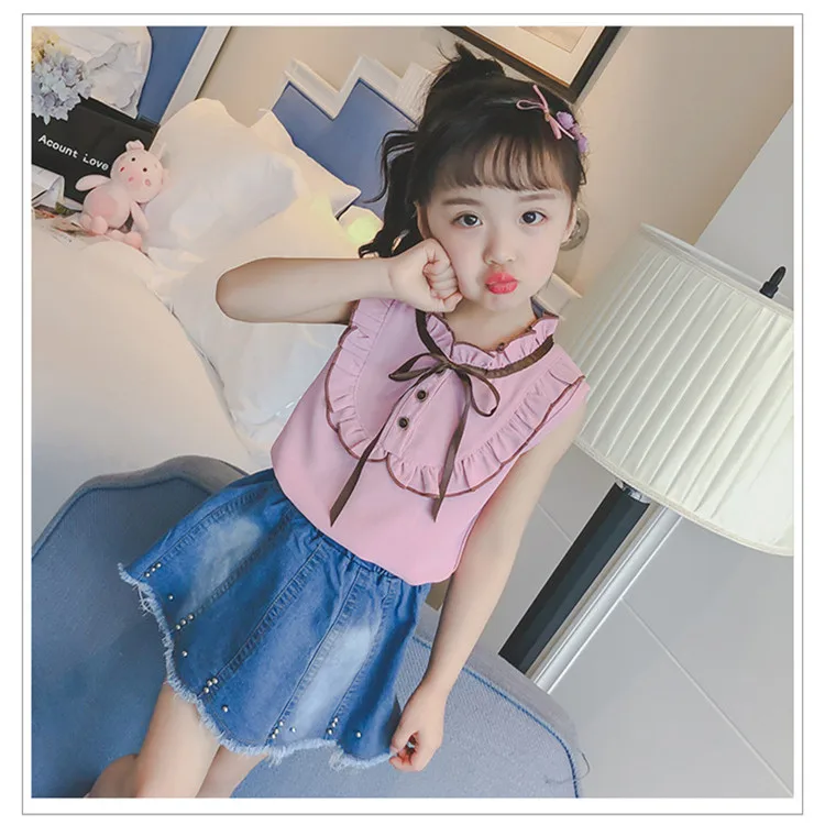 kids girls bowknot ribbon sleeveless shirts  denim short skirts girls clothes suits sets 07