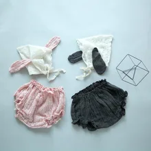 Детские шорты для девочек в Корейском стиле льняная одежда Комплекты из 3 предметов шапка+ топ+ штаны комплекты одежды для маленьких девочек летняя одежда в горошек