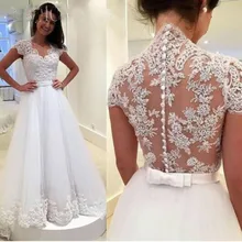 Cheap A-line Wedding Dresses 2017 Short Sleeves Illusion Botton Back Bridal Gown Vestido de Novias Engagement Bride Dress WD-29