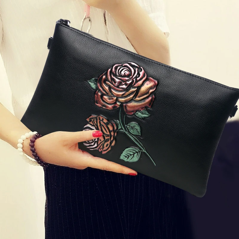 Vintage Flowers Soft Genuine Leather Zipper Clutch Bag Party Cow