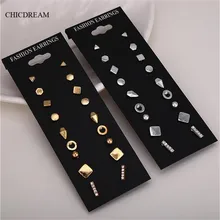 9 Pair Fashion Punk Accessories Rhodium Crystal Stud Earrings Set For Women Square Triangle Round Design