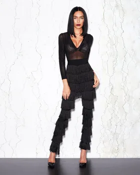 

Sexy Women Jumpsuit Black Mesh Long Sleeve V Neck Tassel Bandage Jumpsuit