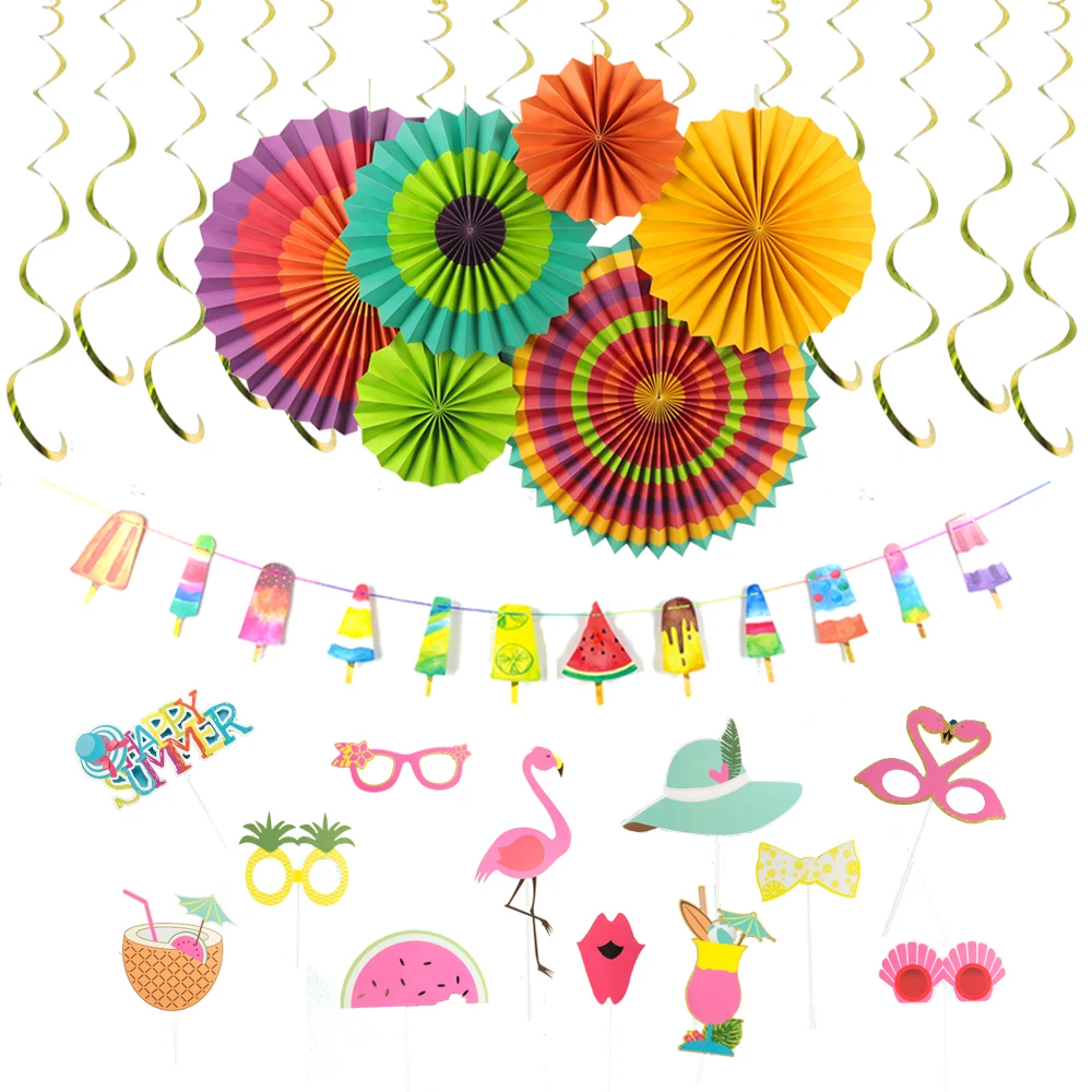 

2018 New! Set of 9 Summer Party Decorations Rainbow Pleated Paper Fans Happy Summer Flamingo Photo Props Luau Party Supplies