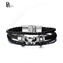 Плетеный черный кожаный браслет из бисера для мужчин