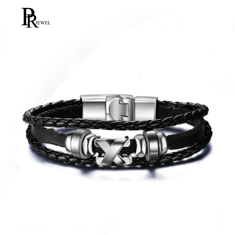 

Braided Black Leather Bead Charm Bracelet for Men