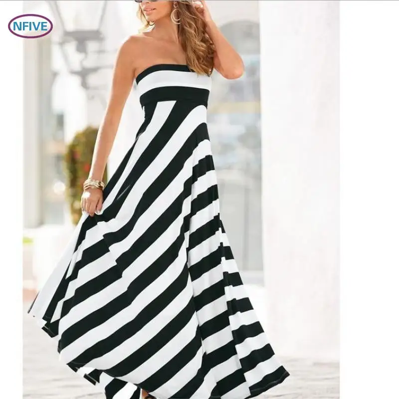 

NFIVE Brand 2017 New Explosion Europe Black And White Striped Women's Dress Adicolo Sexy Strapless Fashion Women Summer Dresses