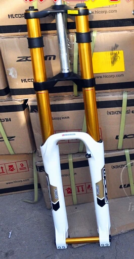 Амортизирующая вилка из магниевого сплава, Велосипедная вилка 20 мм для спуска на гору, 26 дюймов, дисковый тормоз, 180 мм, подвесная вилка для путешествий - Цвет: white dark gold