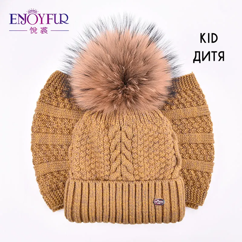 Комплект с шапкой ENJOYFUR, бежевая вязаная шапка и шарф из шерсти и хлопка для мамы и дочки, зима - Цвет: 25-K