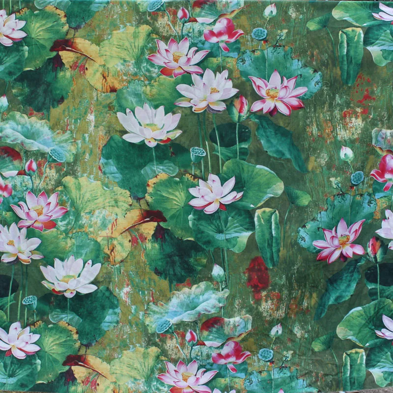 lotus Flower Printed Cotton Linen fabric for Sofa Piliow fabricin