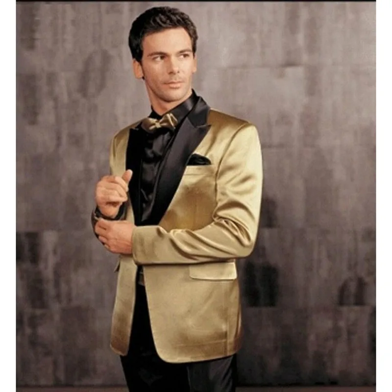 

Custom Made Golden Satin Mens Suits With Black Lapel Groom Best Man Wedding Party men suit Wear Tuxedos (Jacket+Pants+Tie)