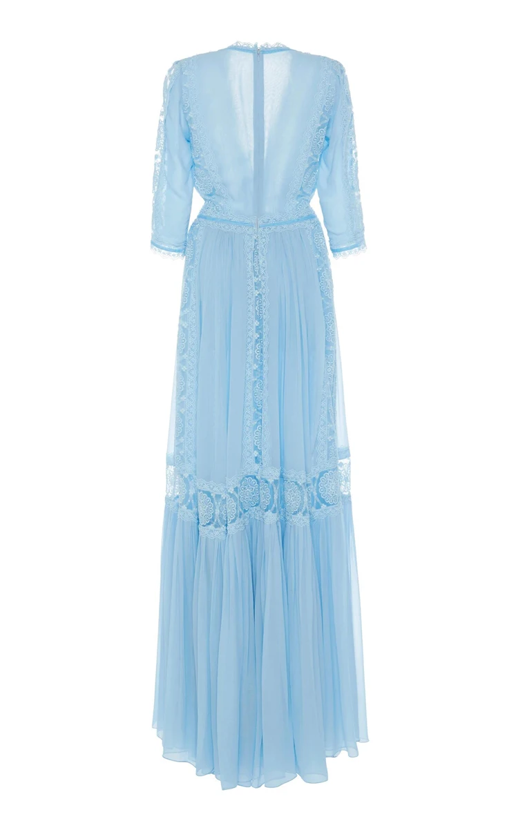 Высокое качество дизайнерское подиумное платье элегантное сексуальное синее кружевное Макси длинное платье с глубоким v-образным вырезом для женщин весна осень