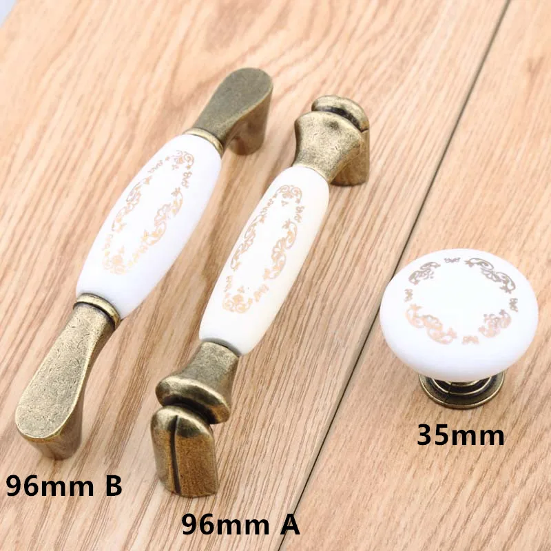 

96mm golden flower white ceramic dresser door handle knob bronze drawer cabinet knob pull antique brass furniture handles 3.75"