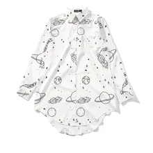 2017 New Women Shirt Blouse Top Harajuku Printing Shirts Cosmic Pattern Solid Color Shirt Women Rocket Spacecraft Loose Shirts