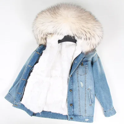 Зимняя куртка для женщин натуральный мех пальто парка енота воротник кролика рекс лайнер бомбер джинсовая Уличная мода - Цвет: color 16