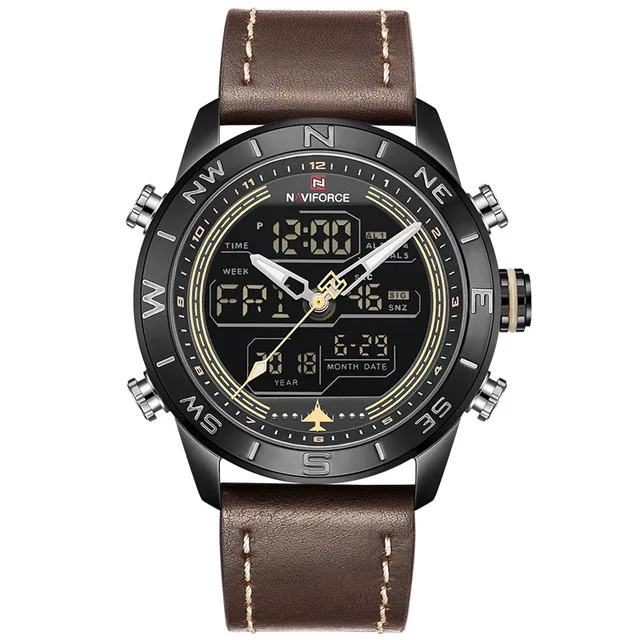 Мужские наручные часы naviforce лучший бренд роскошные кожаные спортивные наручные часы мужские водонепроницаемые военные кварцевые цифровые часы relogio masculino - Цвет: brown black