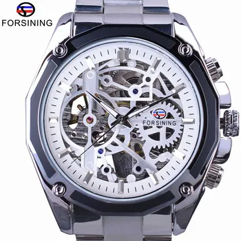 

Forsining Silver Steel Steampunk Gear Waterproof Design Automatic Skeleton Wrist Watch Mens Mechanical Watches Top Brand Luxury